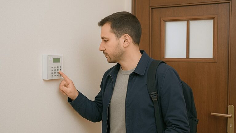 Mężczyzna przy drzwiach wejściowych dezaktywuje domowy system alarmowy, naciskając przycisk na klawiaturze zamontowanej na ścianie.